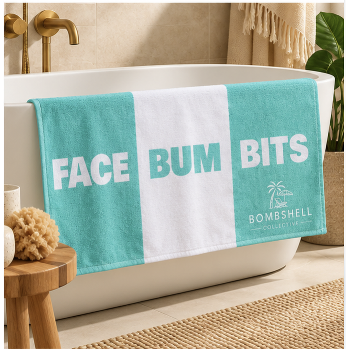 Aqua and white novelty bath towel with Face Bum Bits design by Australian lifestyle brand Bombshell Collective.