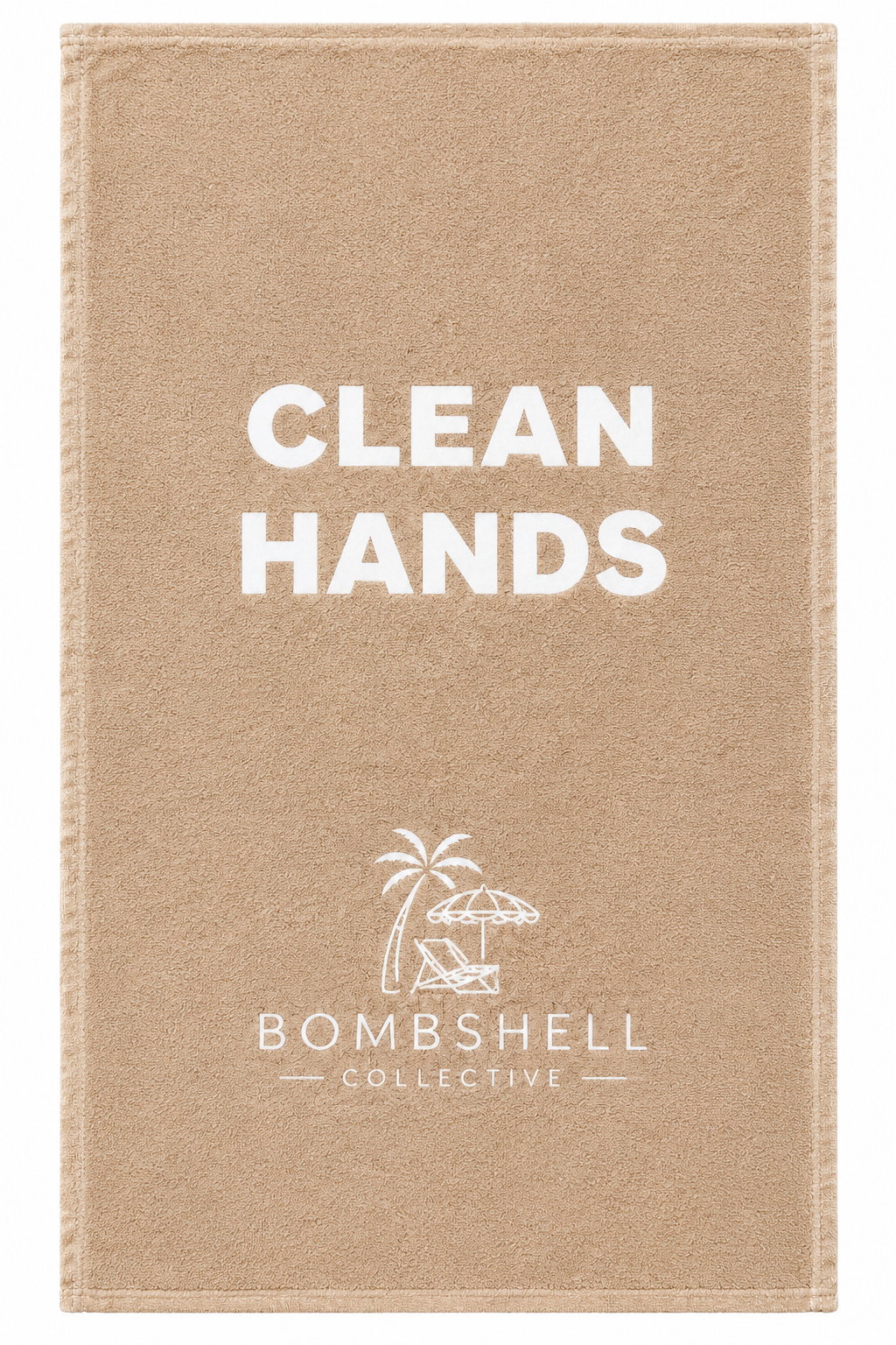 Bombshell Collective Clean Hands hand and face towel in sand with white lettering