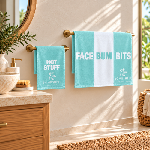 Bombshell Collective Bathroom Duo in Aqua featuring the Face Bum Bits bath towel and matching Hot Stuff hand towel.