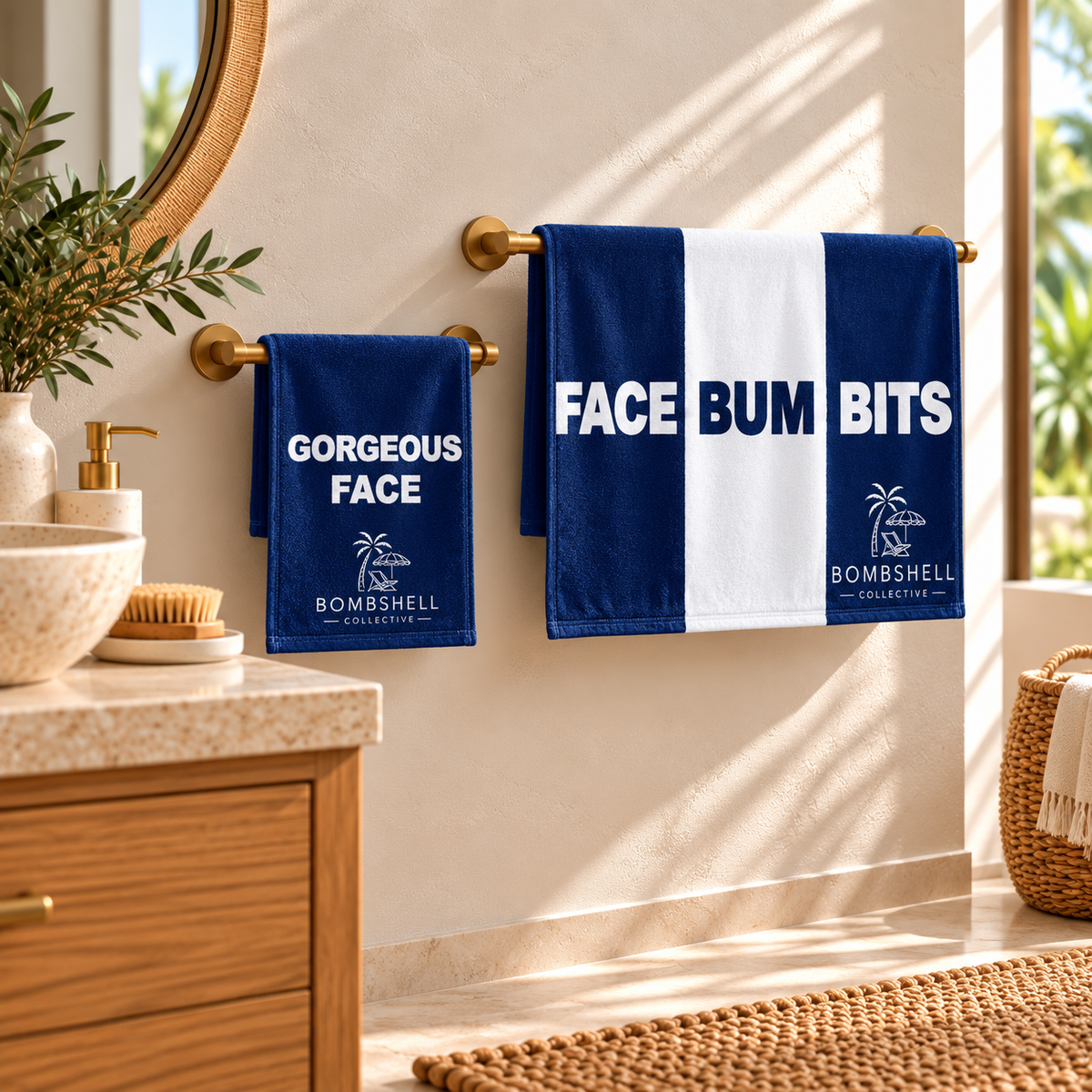 Bombshell Collective Bathroom Duo in deep sea blue and white featuring the Face Bum Bits bath towel and Gorgeous Face hand towel.