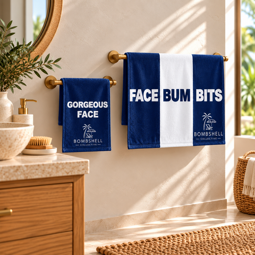 Bombshell Collective Bathroom Duo in deep sea blue and white featuring the Face Bum Bits bath towel and Gorgeous Face hand towel.