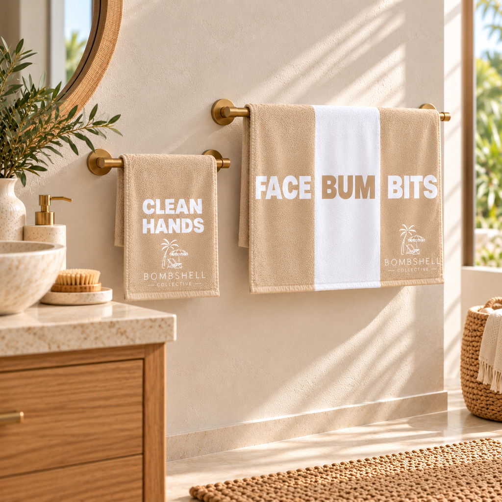 Bombshell Face, Bum, Bits towel with matching Clean Hands Towel Duo