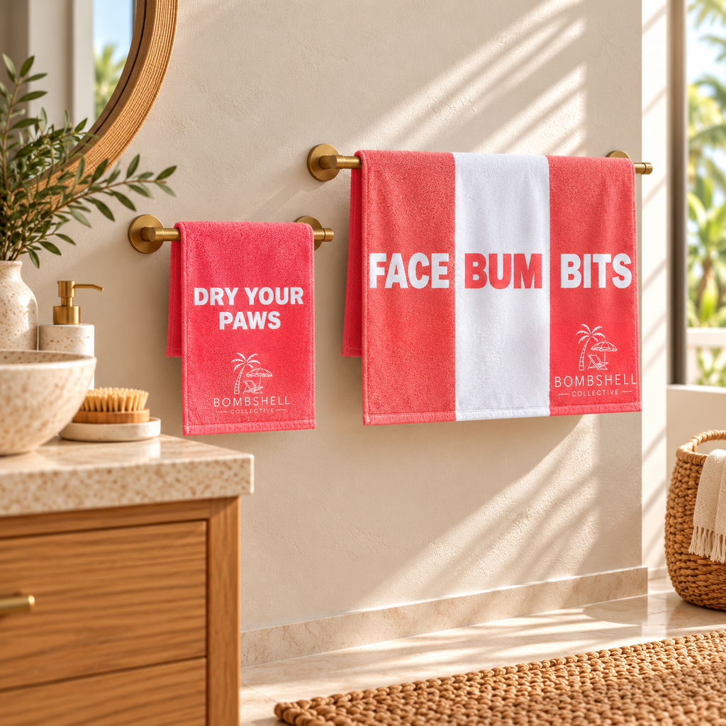 Bombshell Collective Bathroom Duo in Coral featuring the Face Bum Bits bath towel and matching Dry Your Paws hand towel displayed on brass towel rails in a coastal bathroom.