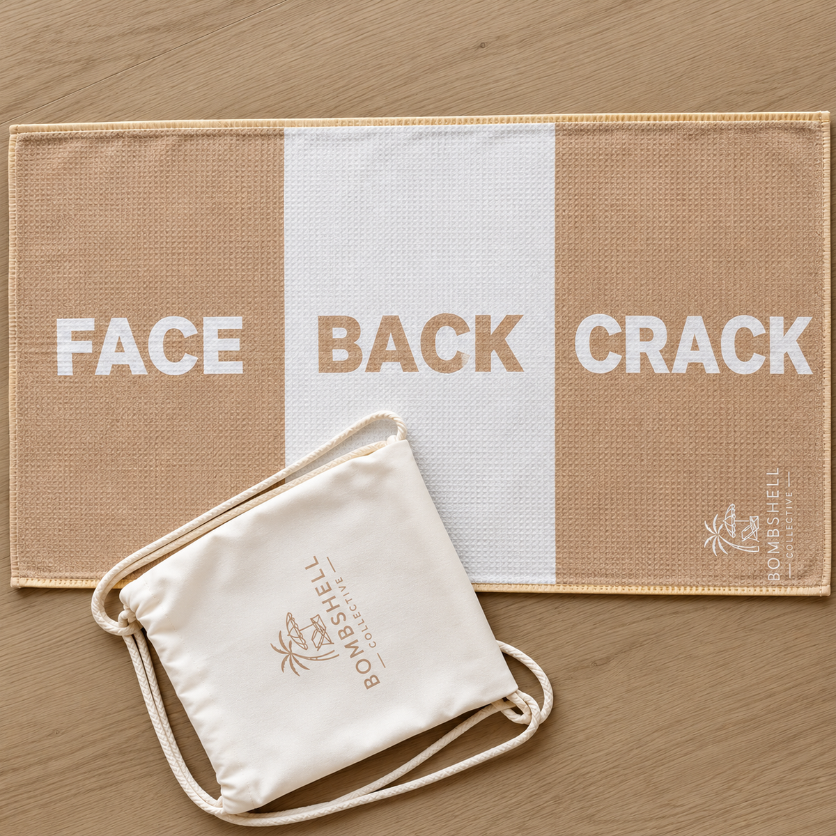 Bombshell Collective Face Back Crack gym towel in Sand featuring three labelled sections and a drawstring carry bag.