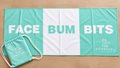 Bombshell Collective large Face Bum Bits beach towel in aqua, featuring sand-free waffle microfibre fabric, bold lettering and a matching waterproof carry bag.