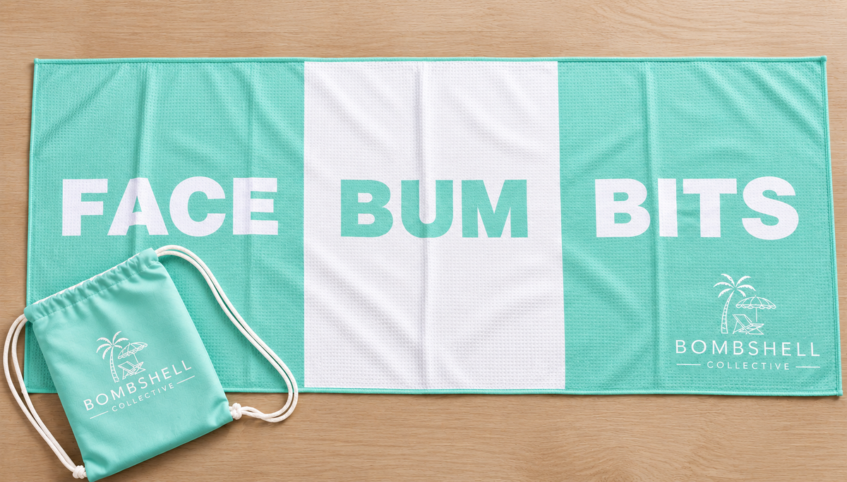 Bombshell Collective large Face Bum Bits beach towel in aqua, featuring sand-free waffle microfibre fabric, bold lettering and a matching waterproof carry bag.