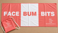 Bombshell Collective large Face Bum Bits beach towel in coral, featuring sand-free waffle microfibre fabric, bold lettering and a matching waterproof carry bag.