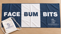 Bombshell Collective large Face Bum Bits beach towel in deep sea blue, featuring sand-free waffle microfibre fabric, bold lettering and a matching waterproof carry bag.