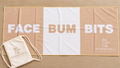 Bombshell Collective large Face Bum Bits beach towel in sand, featuring sand-free waffle microfibre fabric, bold lettering and a matching waterproof carry bag.