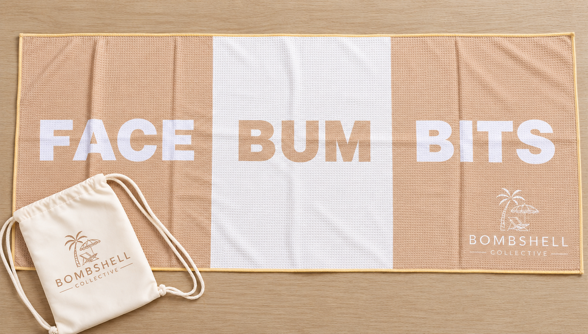 Bombshell Collective large Face Bum Bits beach towel in sand, featuring sand-free waffle microfibre fabric, bold lettering and a matching waterproof carry bag.