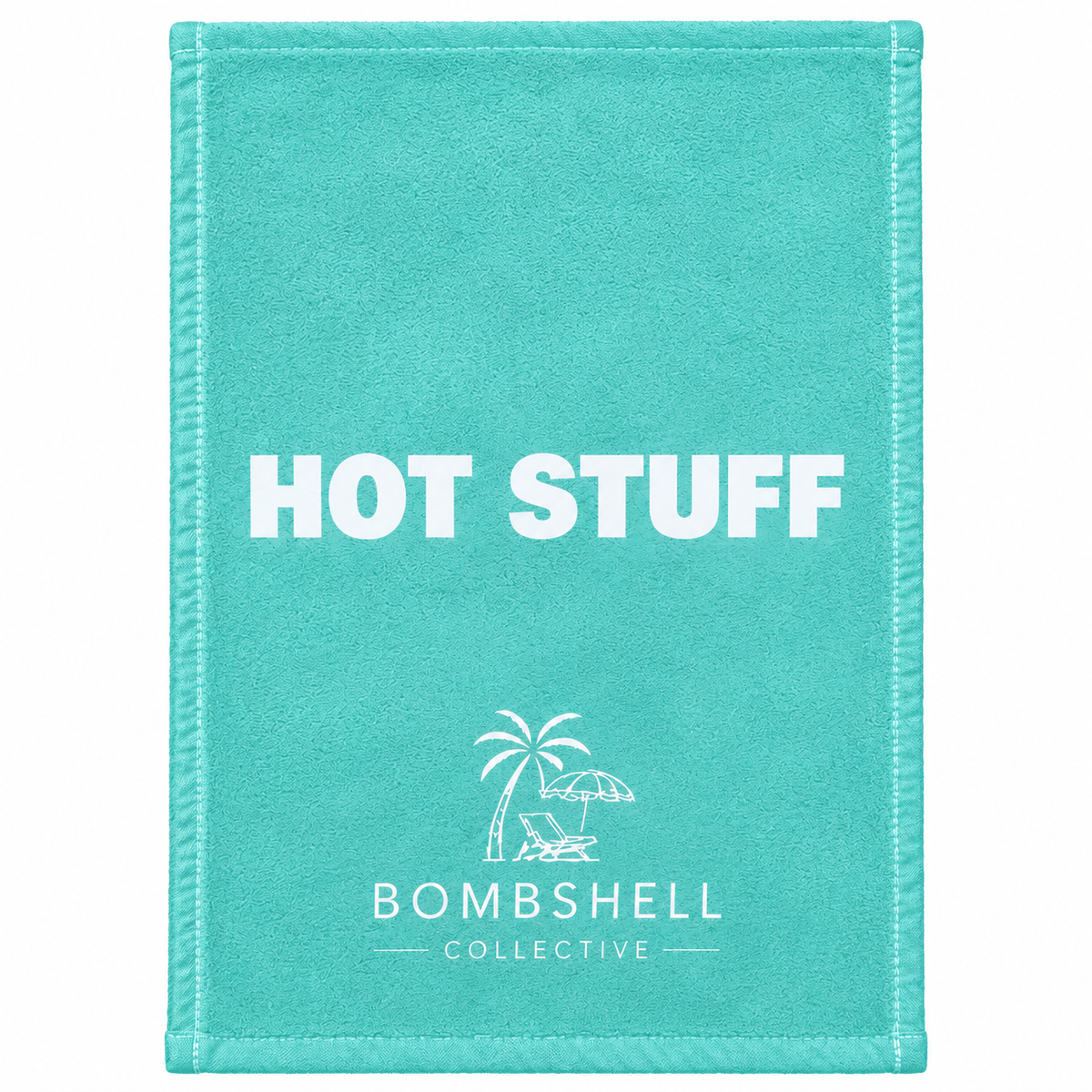 Bombshell Collective Hot Stuff hand towel in Aqua featuring bold white lettering and signature beach-inspired logo.