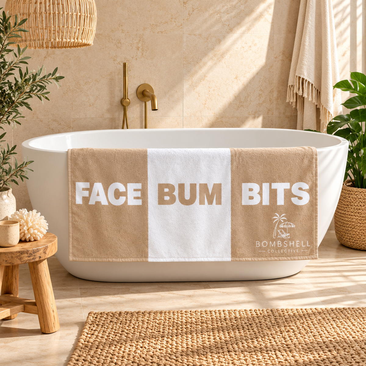 Bombshell Collective Face Bum Bits bath towel in Sand and white draped over a freestanding bathtub in a warm coastal-style bathroom.
