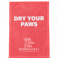Bombshell Collective Dry Your Paws hand towel in Coral with white lettering and signature beach logo.