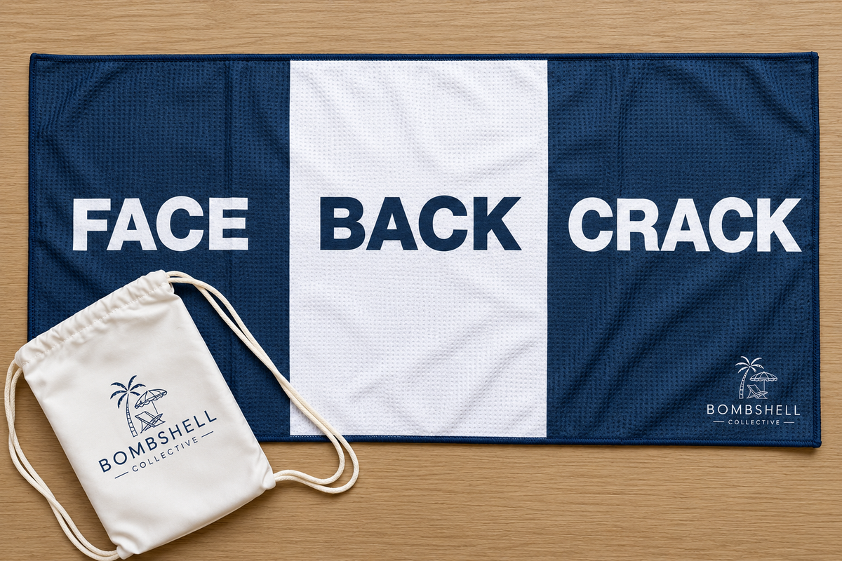 Bombshell Collective deep sea blue gym towel with matching drawstring carry bag, a fun and practical workout accessory.
