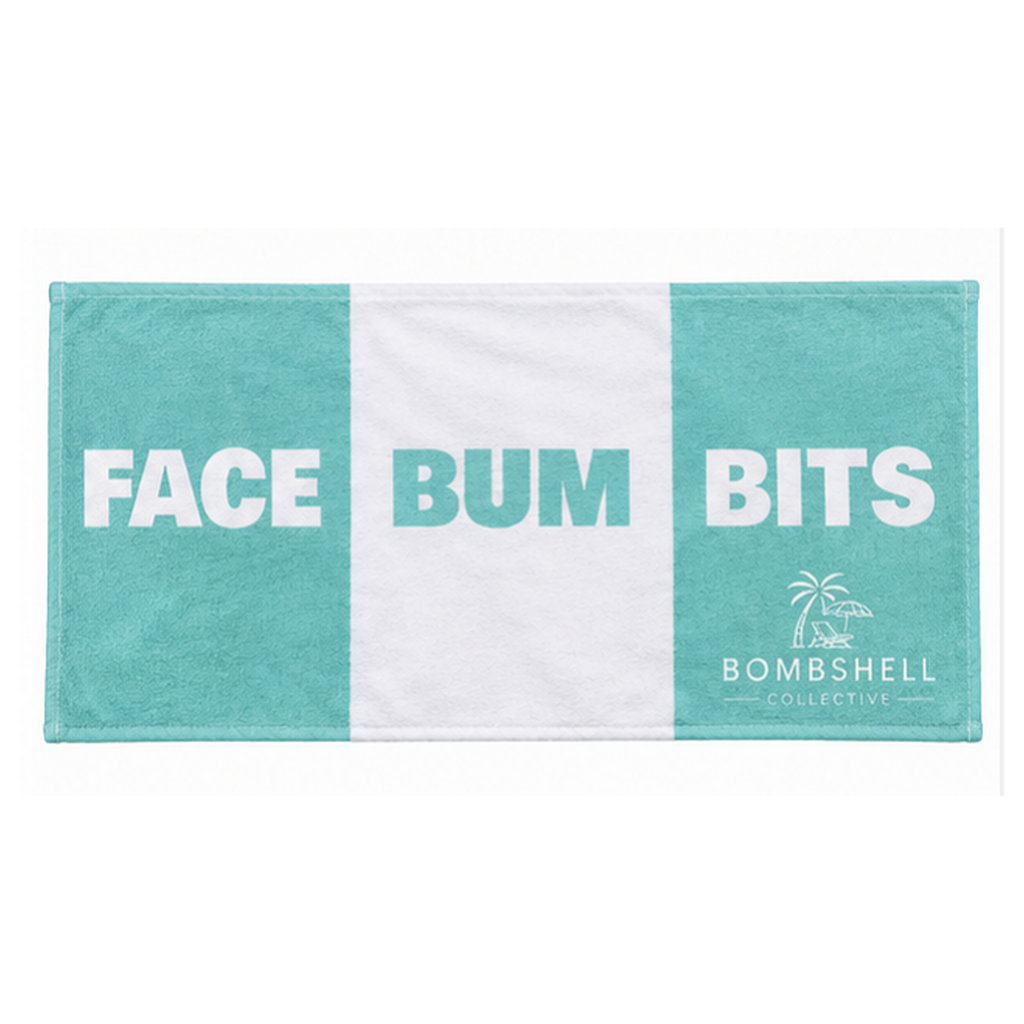 Bombshell Collective Face Bum Bits bath towel in Aqua and White featuring bold playful lettering and signature beach logo.