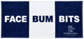 Bombshell Collective Face Bum Bits bath towel laid flat, featuring deep sea blue and white panels with bold lettering