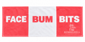 Bombshell Collective Face Bum Bits bath towel in Coral with bold white lettering and playful bathroom design.