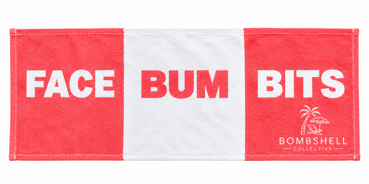 Bombshell Collective Face Bum Bits bath towel in Coral with bold white lettering and playful bathroom design.