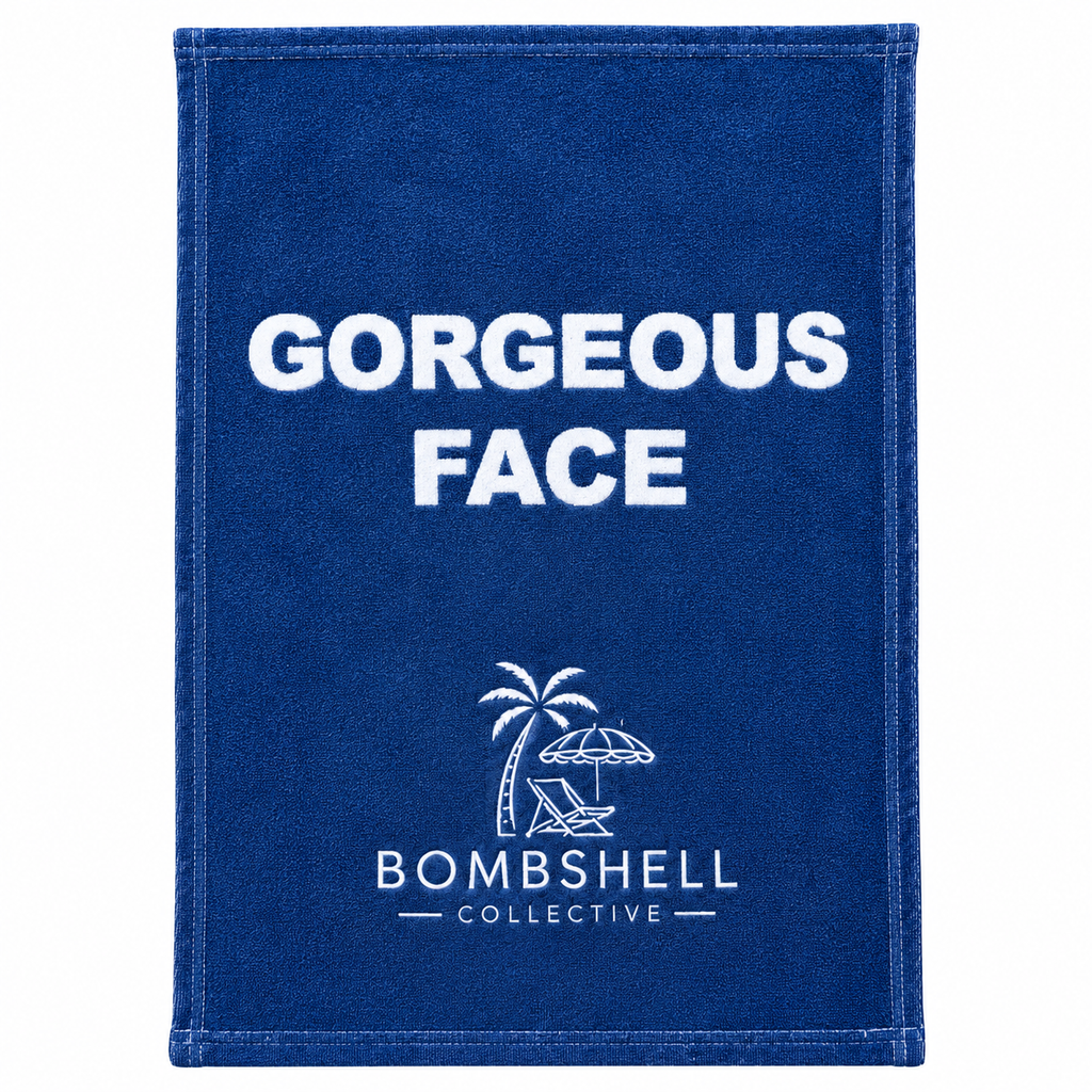 Bombshell Collective Gorgeous Face hand and face towel in deep sea blue with white lettering