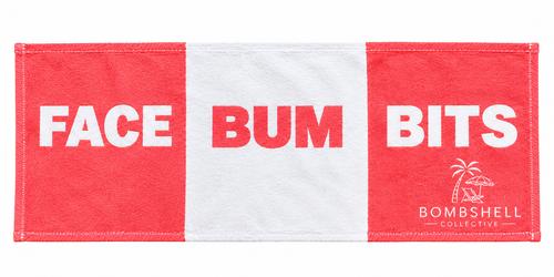 Coral and white Face Bum Bits bath towel paired with the matching Dry Your Paws hand towel by Bombshell Collective, a playful bathroom towel set.