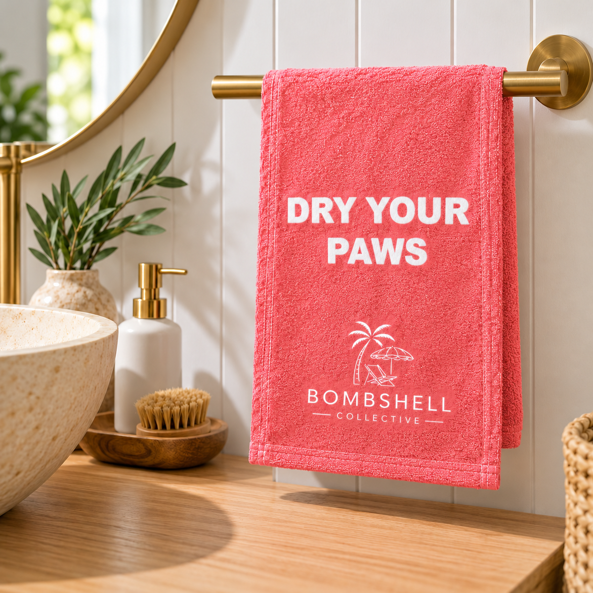 Coral novelty hand and face towel featuring the playful Dry Your Paws slogan by Bombshell Collective.