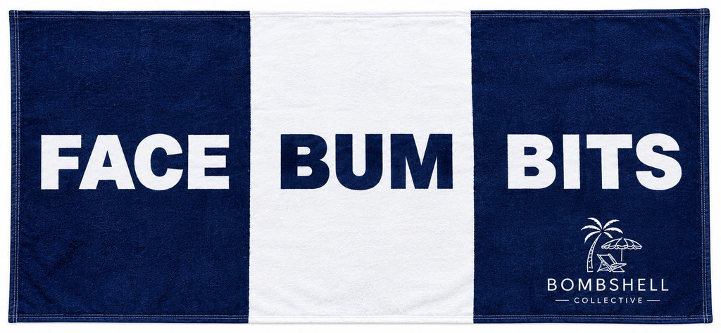 Matching navy and white bath towel and hand towel set featuring playful slogans by Bombshell Collective.