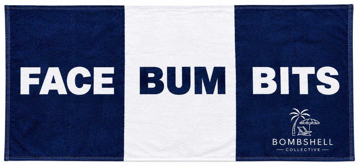 Matching navy and white bath towel and hand towel set featuring playful slogans by Bombshell Collective.