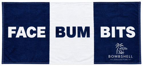 Matching navy and white bath towel and hand towel set featuring playful slogans by Bombshell Collective.