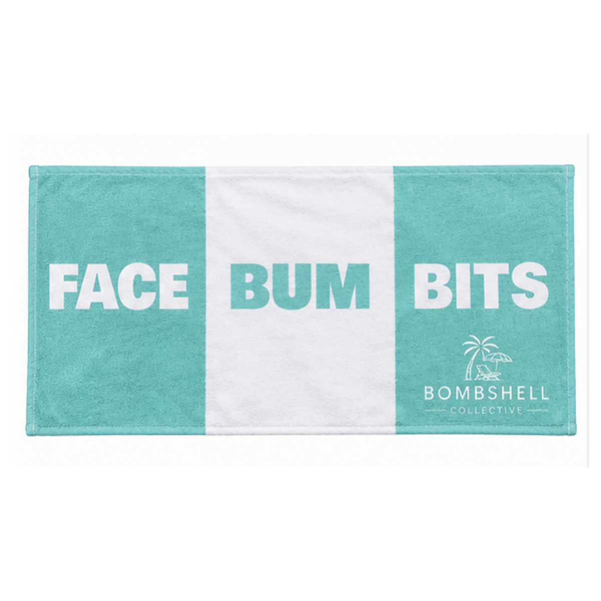 Matching aqua bath towel and hand towel set with playful slogans and coastal-inspired design.