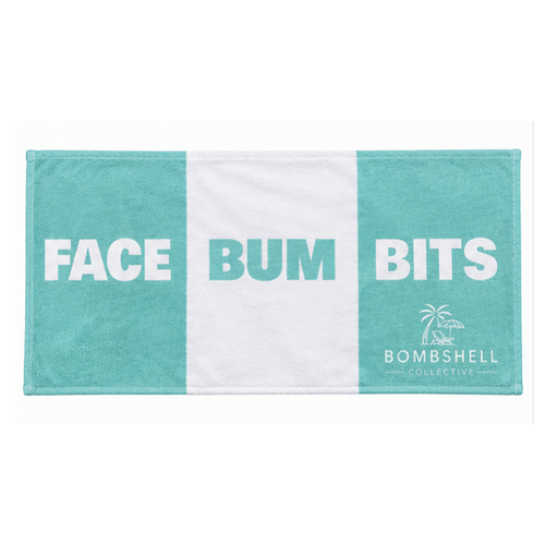 Matching aqua bath towel and hand towel set with playful slogans and coastal-inspired design.